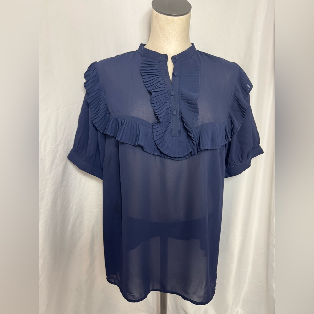 Eloquii Elegant Navy Blue Ruffled short sleeve sheer Women's Top Size 16